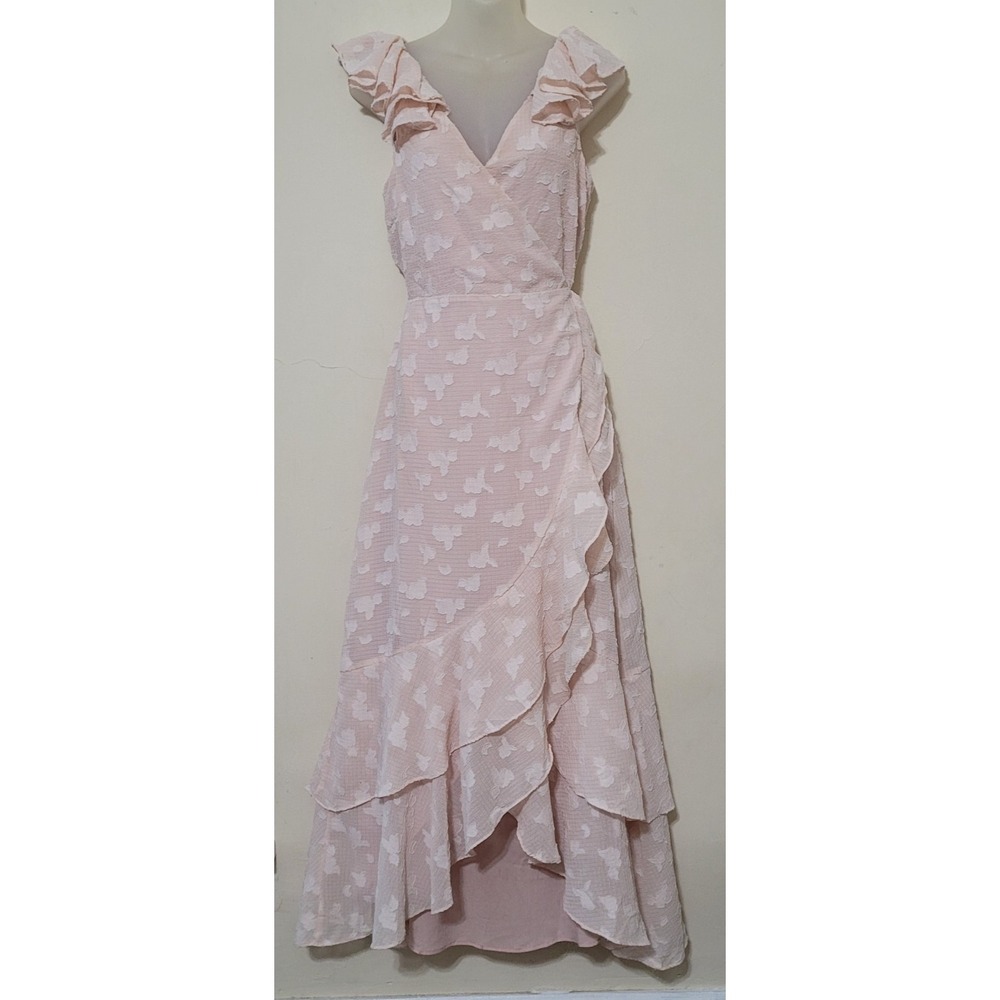 If By Sea Wrap Maxi Dress Size S Pink Asymmetrical Hem Ruffle Flutter Sleeve